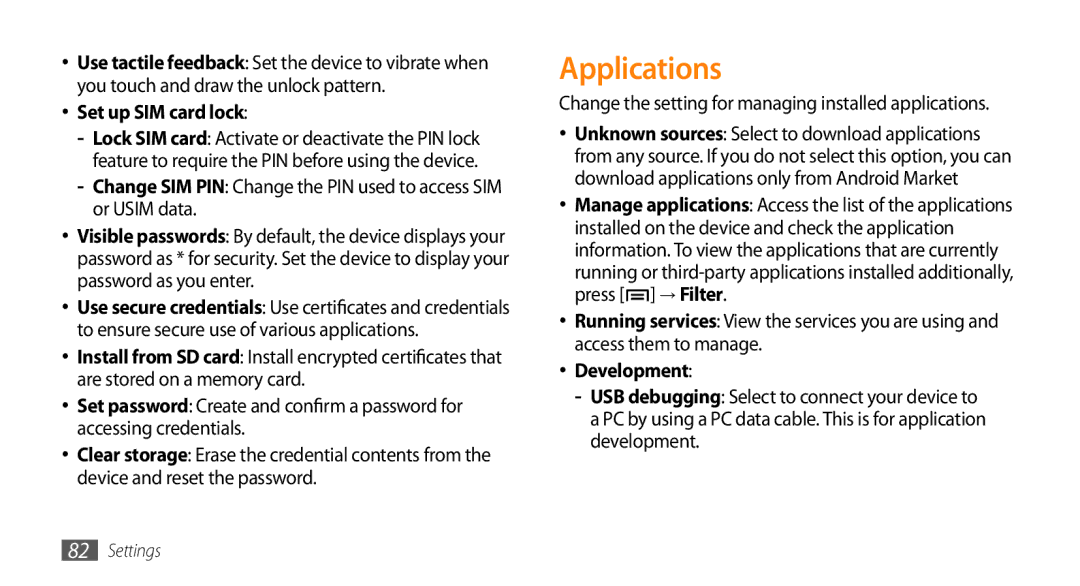 Samsung GT-I5500M manual Applications, Set up SIM card lock, Development 