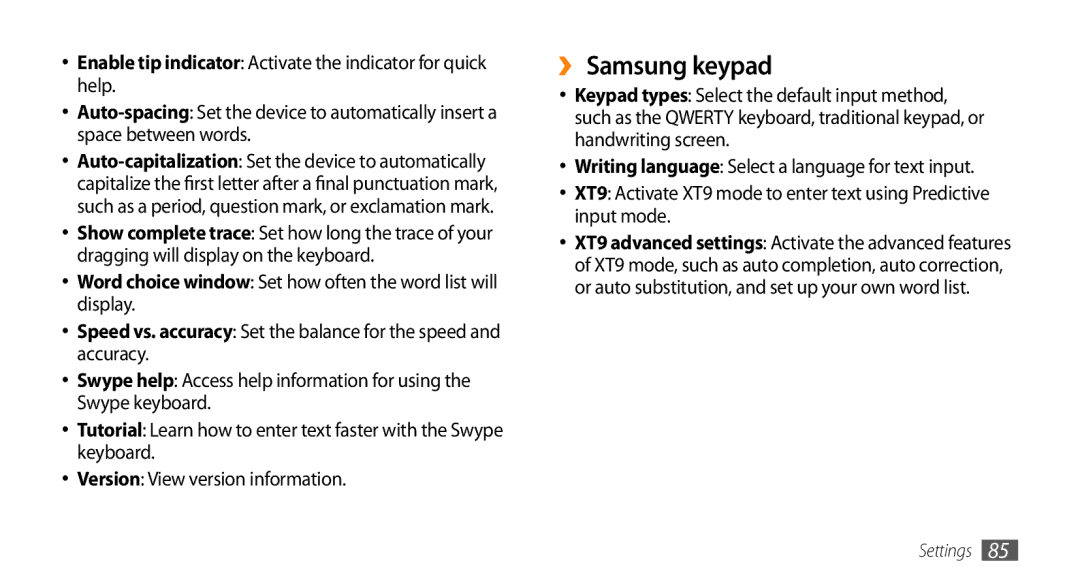 Samsung GT-I5500M manual ››Samsung keypad, Enable tip indicator Activate the indicator for quick help 