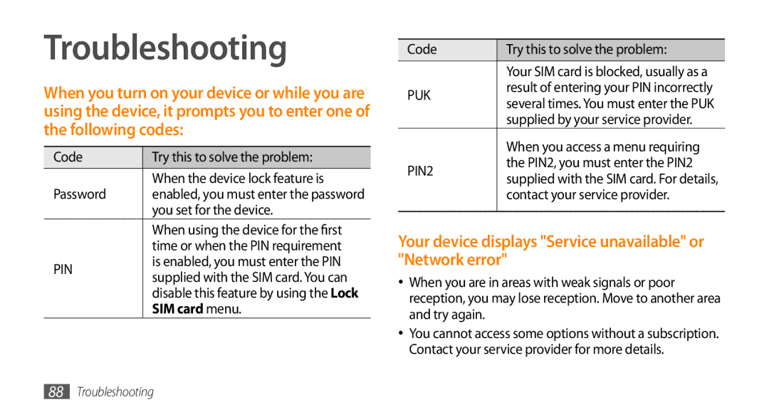 Samsung GT-I5500M manual Troubleshooting, Your device displays Service unavailable or Network error, SIM card menu 