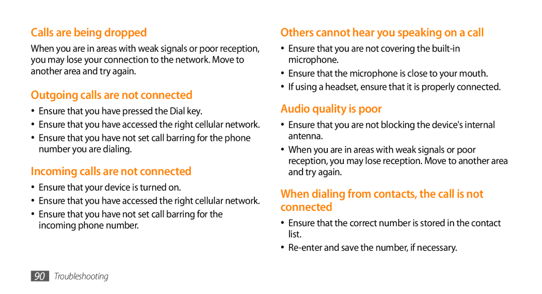 Samsung GT-I5500M manual Calls are being dropped, Outgoing calls are not connected, Incoming calls are not connected 