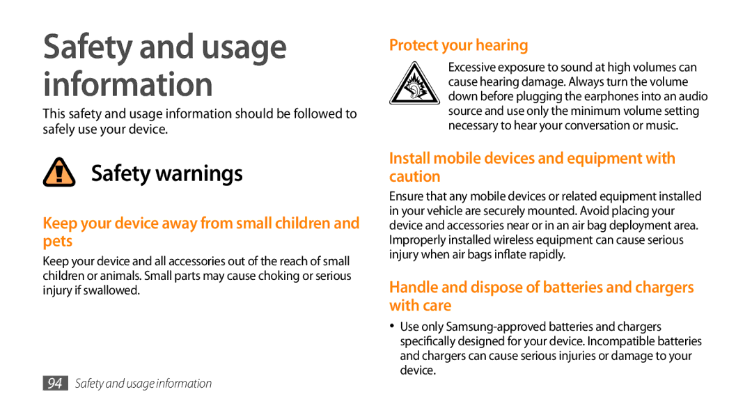 Samsung GT-I5500M manual Keep your device away from small children and pets, Protect your hearing 