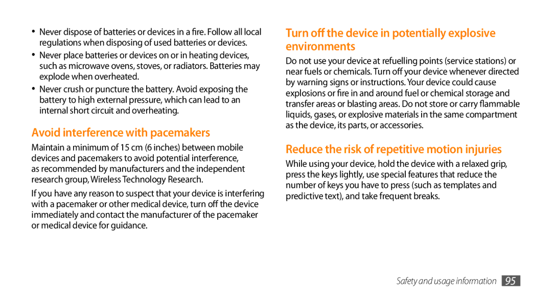 Samsung GT-I5500M manual Avoid interference with pacemakers, Turn off the device in potentially explosive environments 