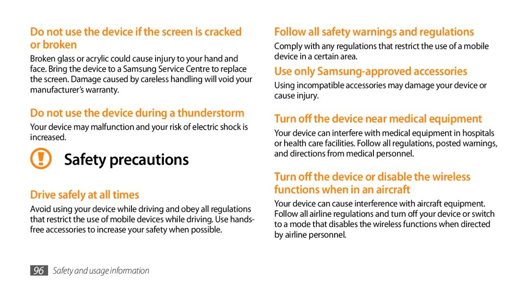 Samsung GT-I5500M manual Do not use the device if the screen is cracked or broken, Drive safely at all times 