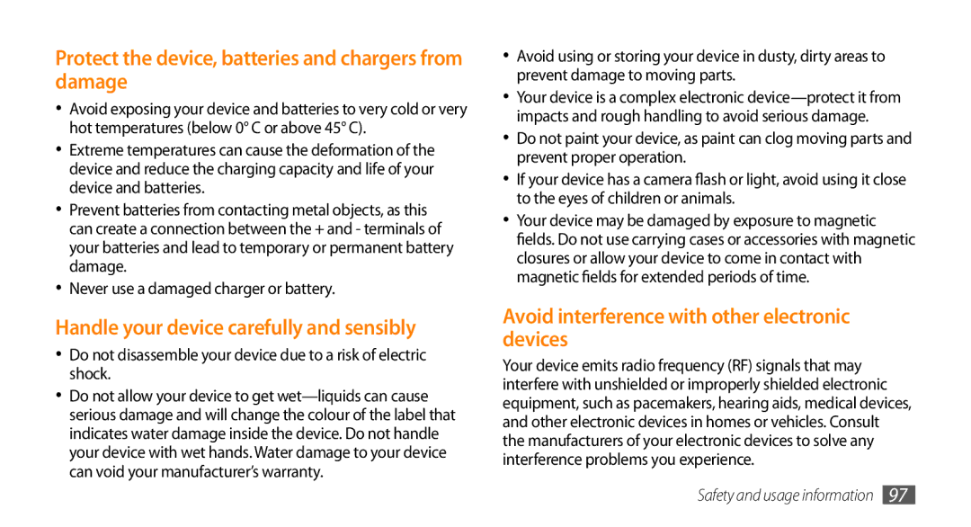 Samsung GT-I5500M manual Protect the device, batteries and chargers from damage, Handle your device carefully and sensibly 