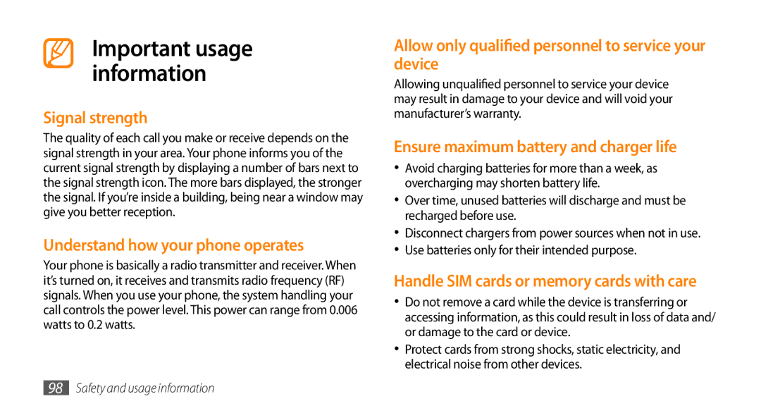 Samsung GT-I5500M manual Signal strength, Understand how your phone operates, Ensure maximum battery and charger life 