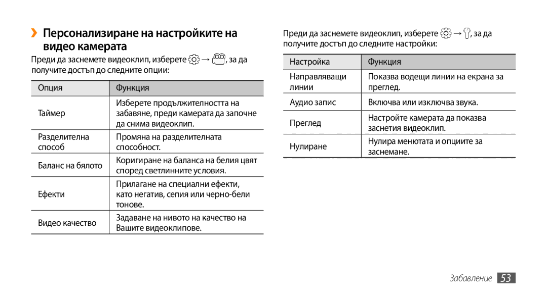 Samsung GT-I5500YKAXEE manual ››Персонализиране на настройките на видео камерата, Способ Способност, Тонове Видео качество 