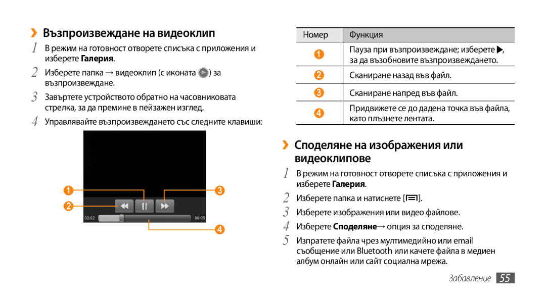 Samsung GT-I5500YKABGL, GT-I5500YKAVVT manual ››Възпроизвеждане на видеоклип, ››Споделяне на изображения или видеоклипове 