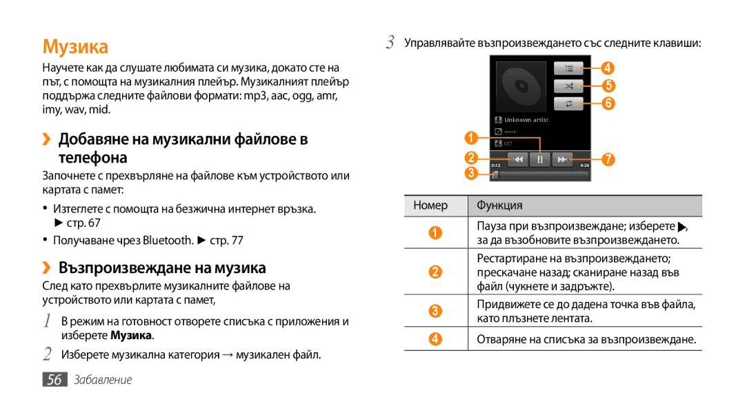 Samsung GT-I5500YKAVVT Музика, ››Добавяне на музикални файлове в телефона, ››Възпроизвеждане на музика, 56 Забавление 