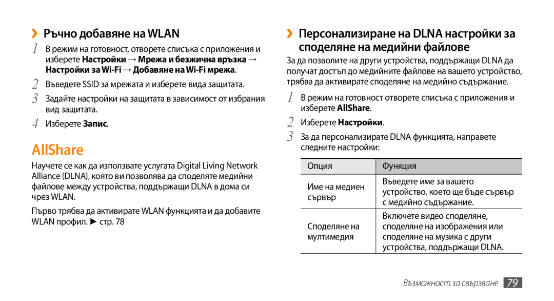 Samsung GT-I5500CWABGL manual AllShare, ››Ръчно добавяне на Wlan, Сървър, Медийно съдържание, Включете видео споделяне 