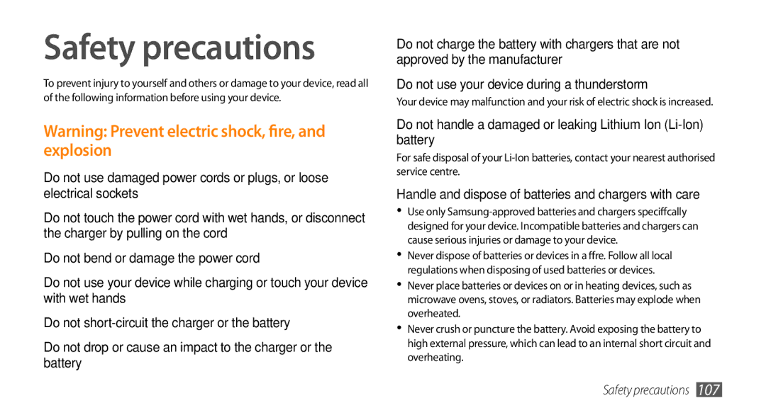 Samsung GT-I5500EWASER, GT-I5500YKACOS manual Safety precautions, Handle and dispose of batteries and chargers with care 