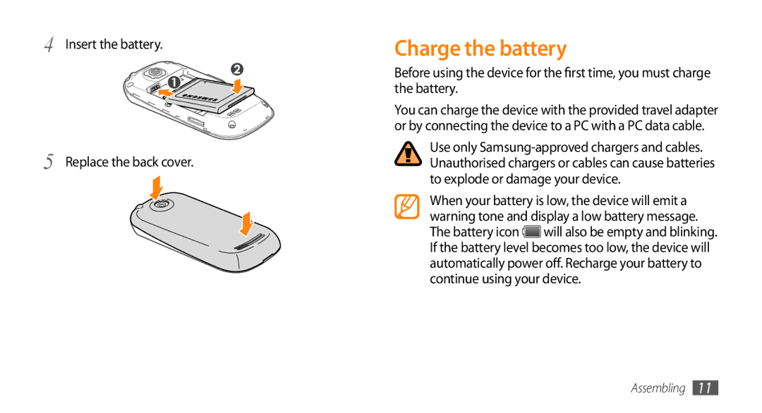 Samsung GT-I5500YKATPH, GT-I5500YKACOS, GT-I5500CWADBT manual Charge the battery, Insert the battery Replace the back cover 