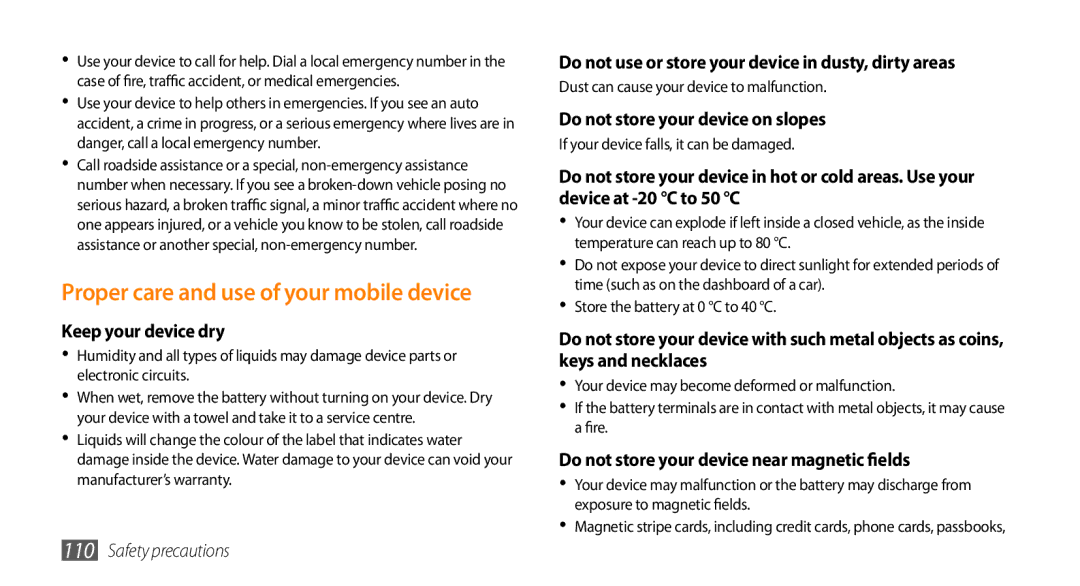 Samsung GT-I5500CWACOS, GT-I5500YKACOS, GT-I5500CWADBT manual Proper care and use of your mobile device, Keep your device dry 