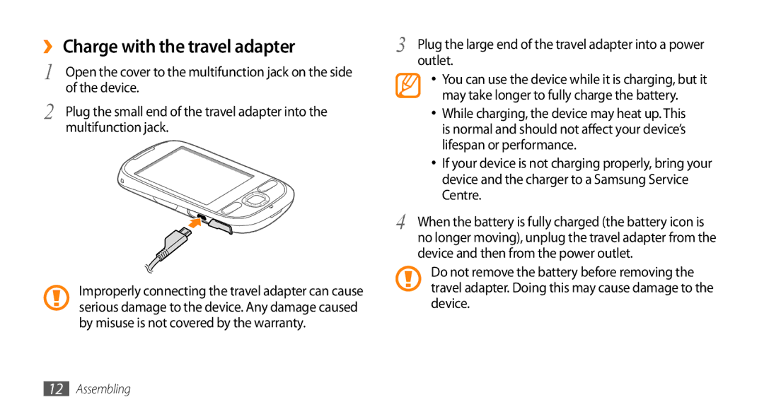 Samsung GT-I5500YKAHUI, GT-I5500YKACOS manual ›› Charge with the travel adapter, Device, Multifunction jack, Outlet 