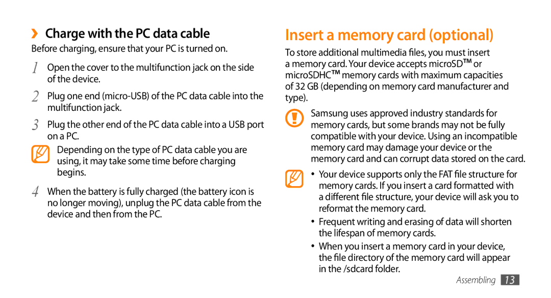 Samsung GT-I5500CWAITV, GT-I5500YKACOS, GT-I5500CWADBT manual Insert a memory card optional, ›› Charge with the PC data cable 