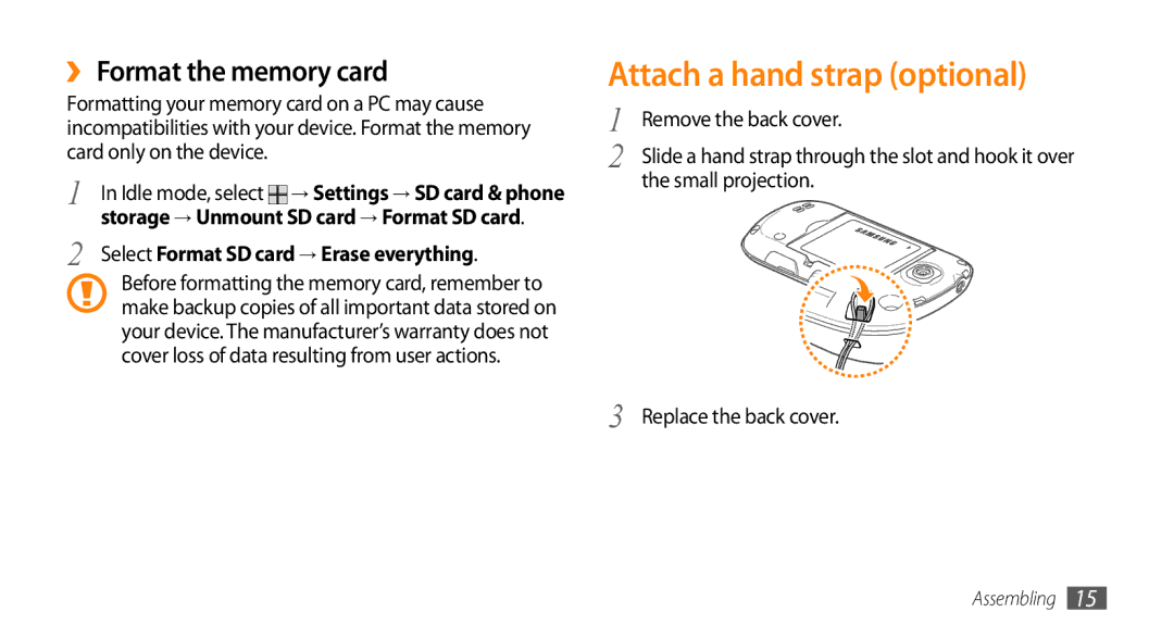 Samsung GT-I5500CWBITV Attach a hand strap optional, ›› Format the memory card, Select Format SD card → Erase everything 