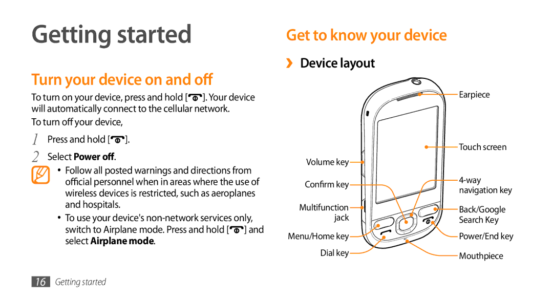 Samsung GT-I5500YKATIM manual Getting started, Turn your device on and off Get to know your device, ›› Device layout 