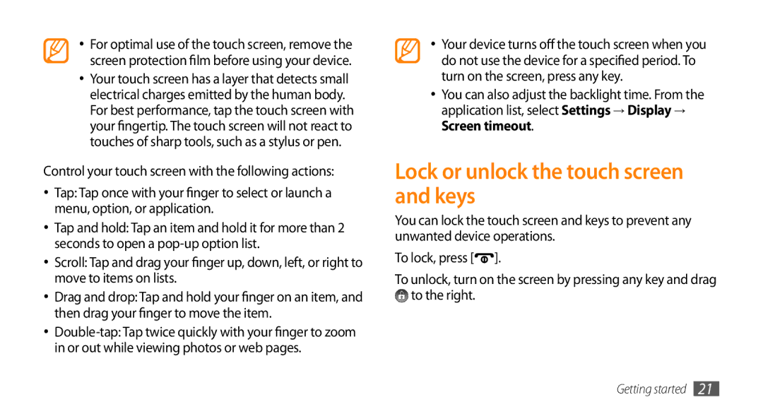 Samsung GT-I5500YKAITV, GT-I5500YKACOS, GT-I5500CWADBT, GT-I5500CWACOS manual Lock or unlock the touch screen and keys 