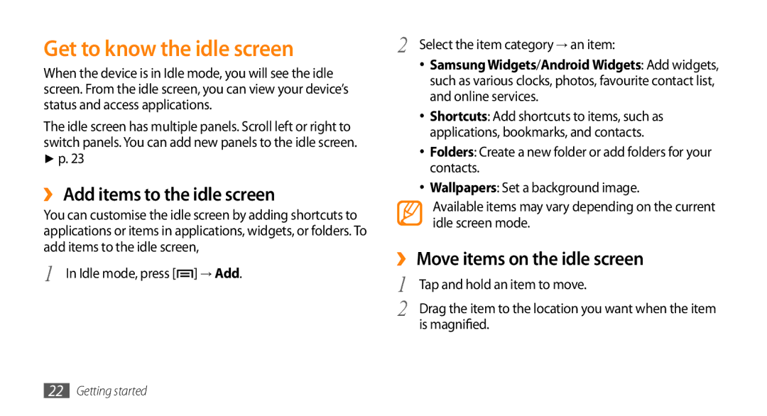 Samsung GT-I5500YKAFOP Get to know the idle screen, ›› Add items to the idle screen, ›› Move items on the idle screen 