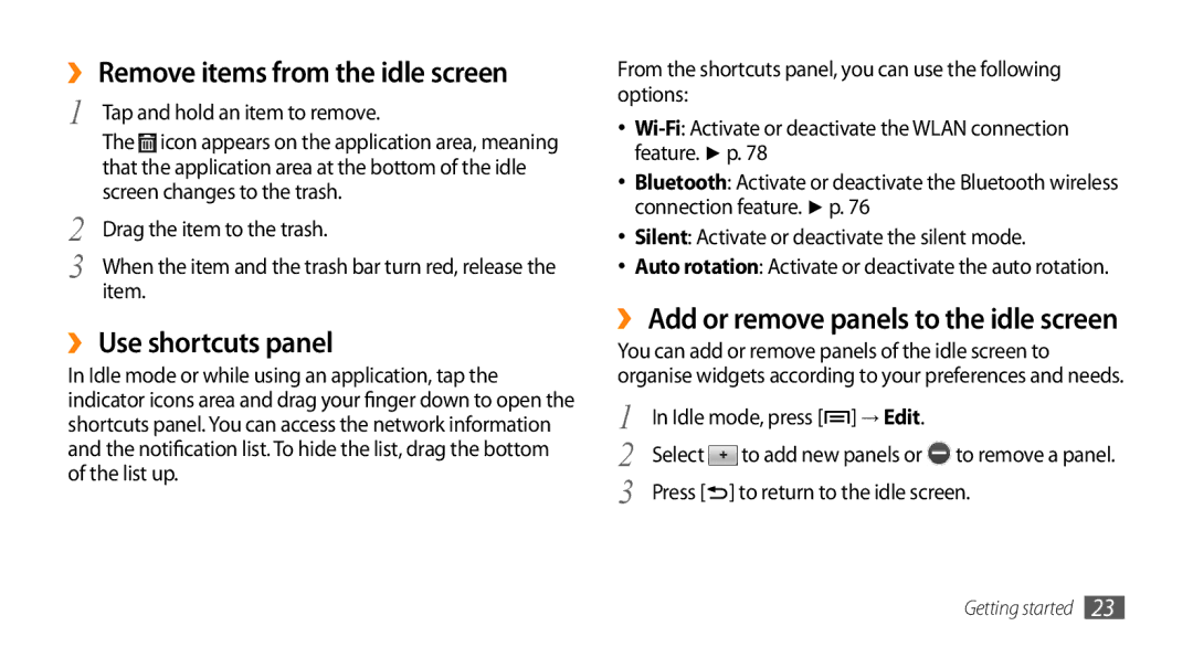 Samsung GT-I5500CWAFOP, GT-I5500YKACOS, GT-I5500CWADBT manual ›› Remove items from the idle screen, ›› Use shortcuts panel 