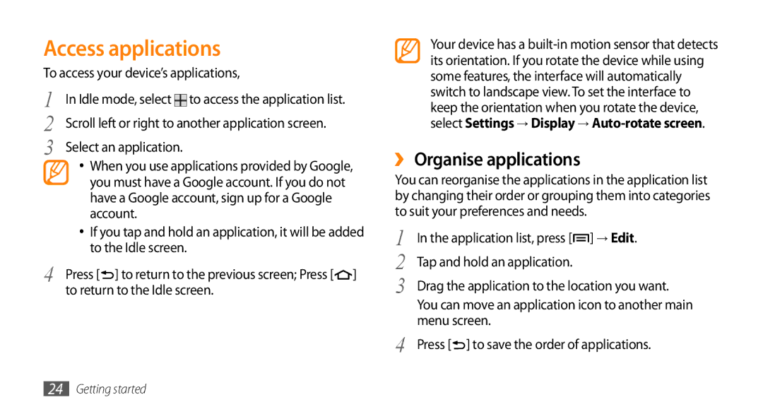 Samsung GT-I5500CWAKSA manual Access applications, ›› Organise applications, To access your device’s applications, → Edit 