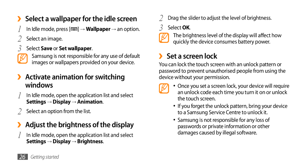 Samsung GT-I5500YKAXSG manual ›› Activate animation for switching windows, ›› Adjust the brightness of the display 