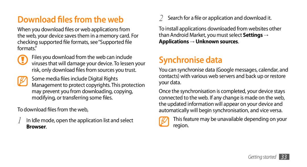 Samsung GT-I5500YKAXSS manual Download files from the web, Synchronise data, To download files from the web, Browser 