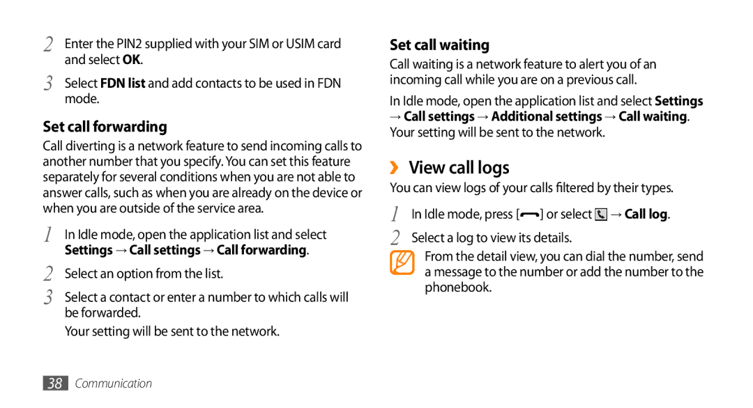 Samsung GT-I5500YKAXEE, GT-I5500YKACOS, GT-I5500CWADBT manual ›› View call logs, Select an option from the list, Be forwarded 