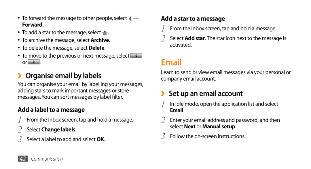 Samsung GT-I5500YKAXEZ, GT-I5500YKACOS manual ›› Organise email by labels, ›› Set up an email account, Select Change labels 