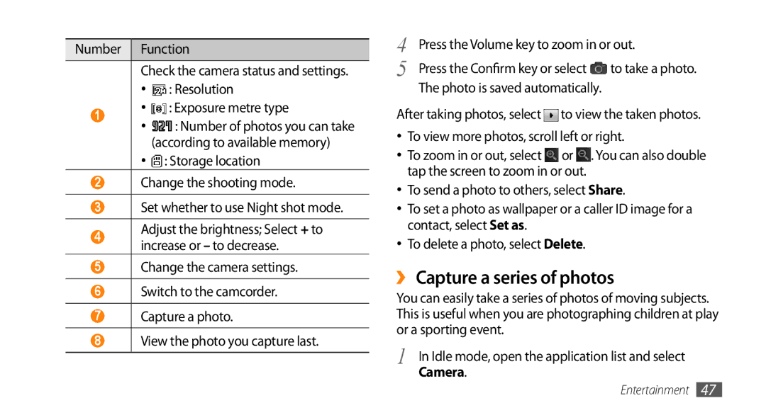 Samsung GT-I5500CWAVGR, GT-I5500YKACOS, GT-I5500CWADBT, GT-I5500CWACOS, GT-I5500YKADBT manual ›› Capture a series of photos 