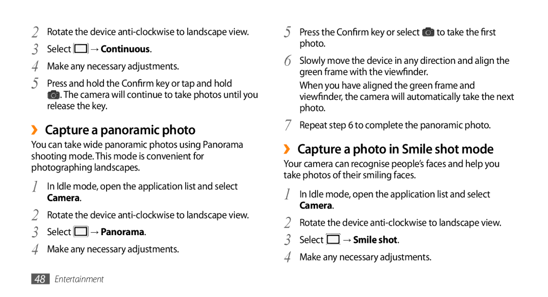 Samsung GT-I5500CWCVGR manual ›› Capture a panoramic photo, ›› Capture a photo in Smile shot mode, → Continuous, → Panorama 