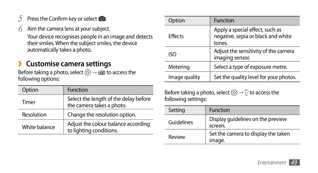 Samsung GT-I5500YKAVGR, GT-I5500YKACOS, GT-I5500CWADBT, GT-I5500CWACOS, GT-I5500YKADBT manual ›› Customise camera settings 