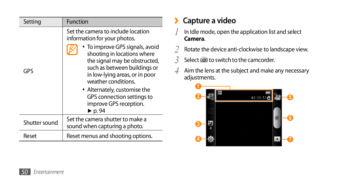 Samsung GT-I5500YKACYO, GT-I5500YKACOS, GT-I5500CWADBT, GT-I5500CWACOS, GT-I5500YKADBT, GT-I5500CWAXEF manual ›› Capture a video 