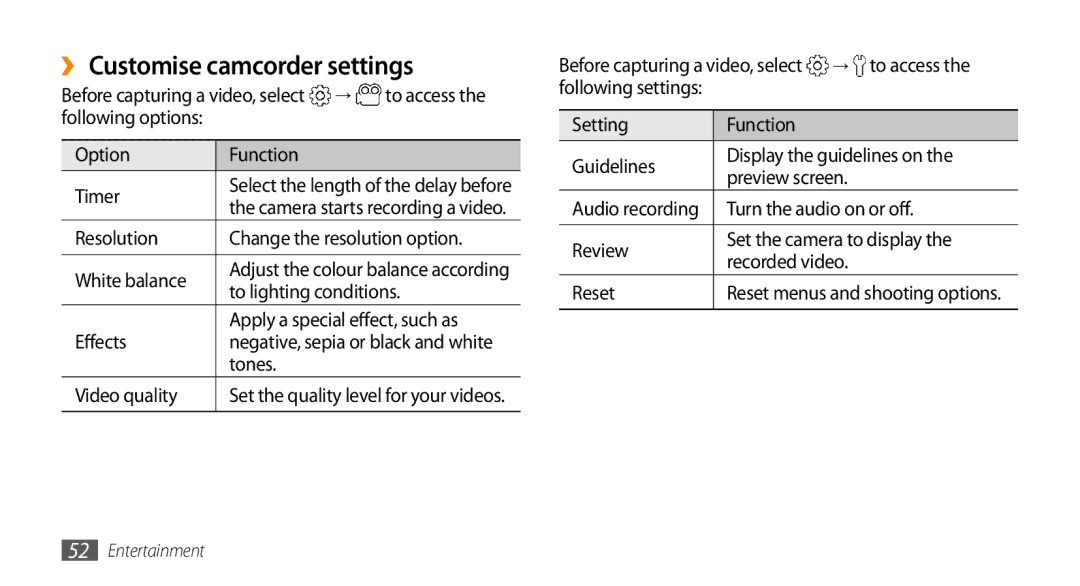 Samsung GT-I5500YKASER, GT-I5500YKACOS manual ›› Customise camcorder settings, Tones Video quality, Turn the audio on or off 