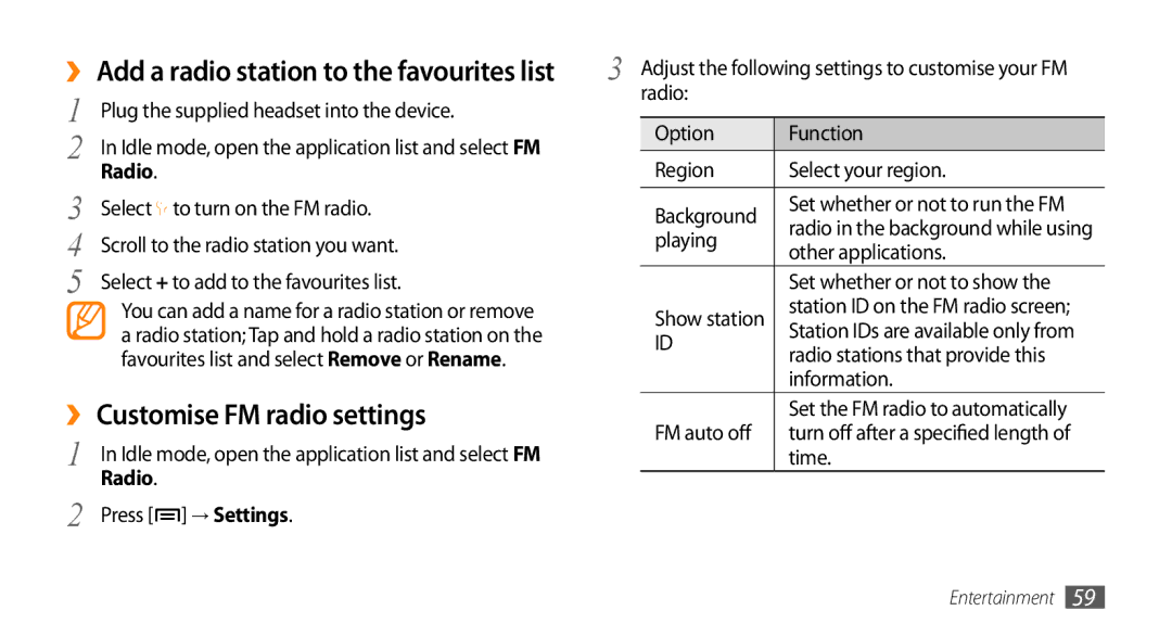 Samsung GT-I5500YKASFR, GT-I5500YKACOS, GT-I5500CWADBT, GT-I5500CWACOS, GT-I5500YKADBT manual ›› Customise FM radio settings 