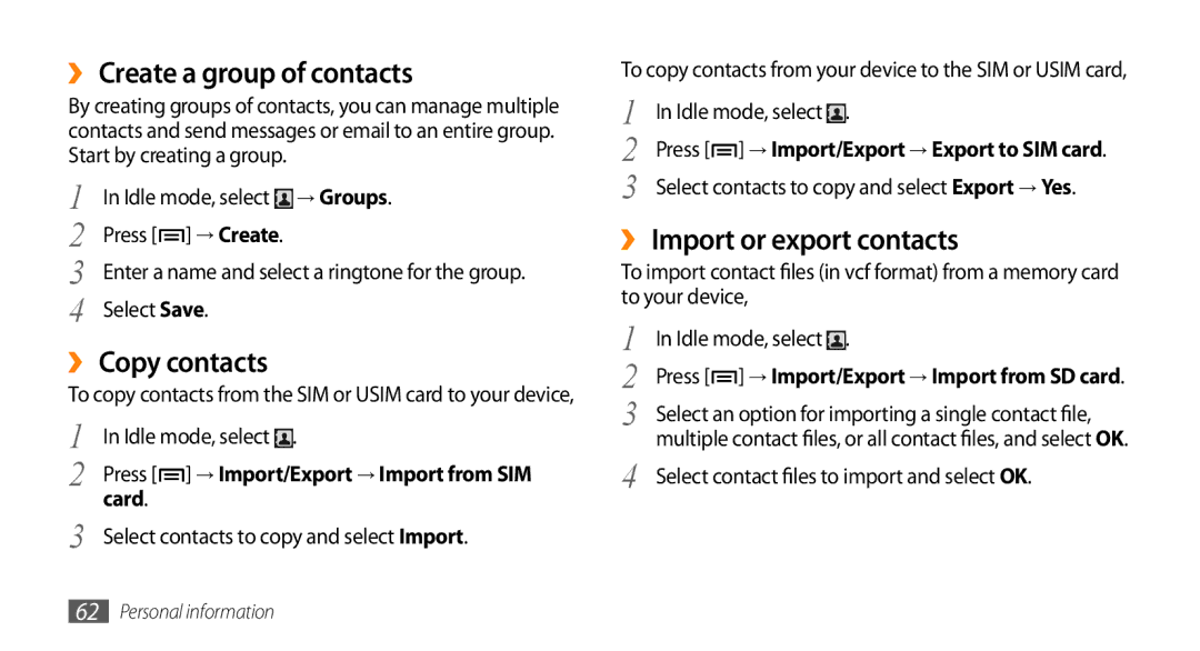 Samsung GT-I5500CWATIM, GT-I5500YKACOS manual ›› Create a group of contacts, ›› Copy contacts, ›› Import or export contacts 