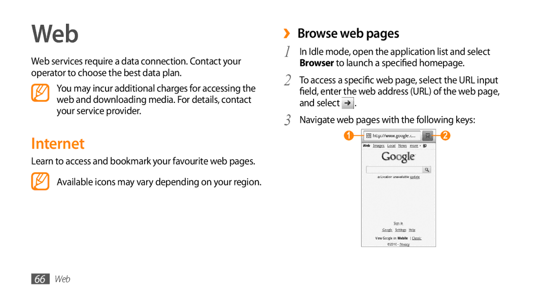 Samsung GT-I5500YKAHUI manual Web, Internet, ›› Browse web pages, Available icons may vary depending on your region 