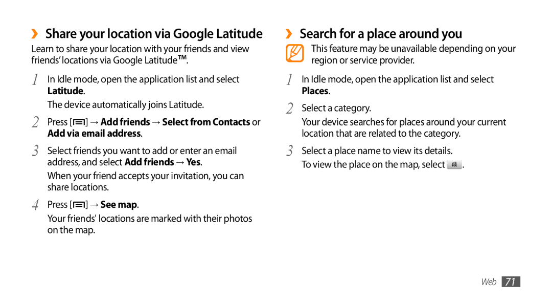 Samsung GT-I5500YKBITV, GT-I5500YKACOS manual ›› Search for a place around you, Add via email address, → See map, Places 