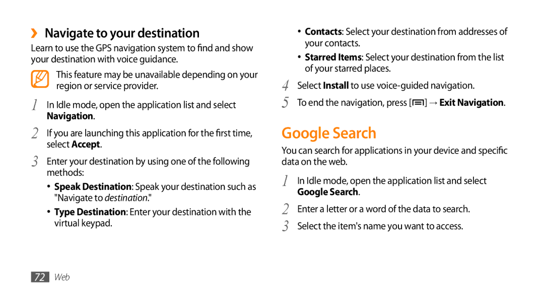 Samsung GT-I5500YKAOMN, GT-I5500YKACOS, GT-I5500CWADBT manual Google Search, ›› Navigate to your destination, Navigation 