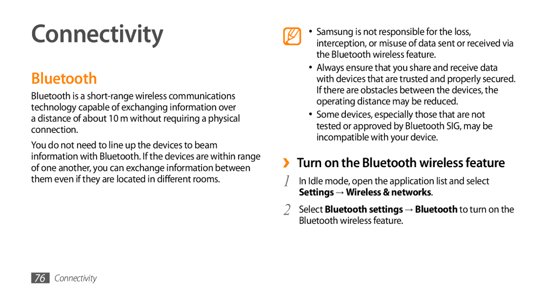 Samsung GT-I5500YKAFOP, GT-I5500YKACOS manual Connectivity, Settings → Wireless & networks, Bluetooth wireless feature 