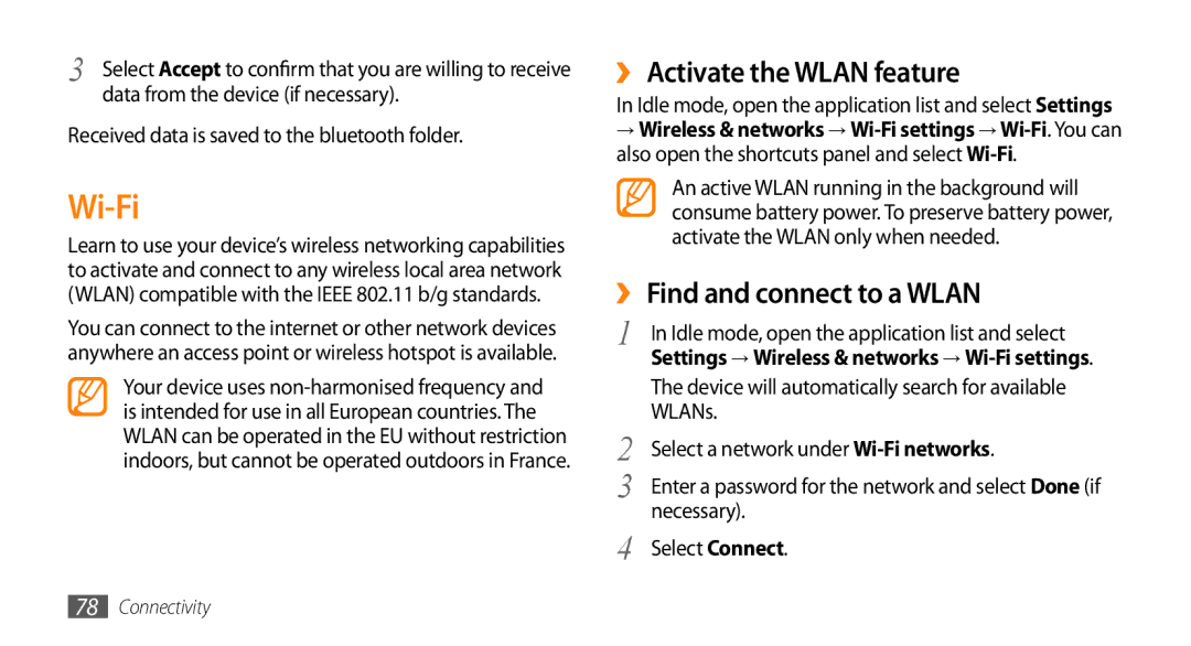 Samsung GT-I5500CWAKSA, GT-I5500YKACOS, GT-I5500CWADBT Wi-Fi, ›› Activate the Wlan feature, ›› Find and connect to a Wlan 