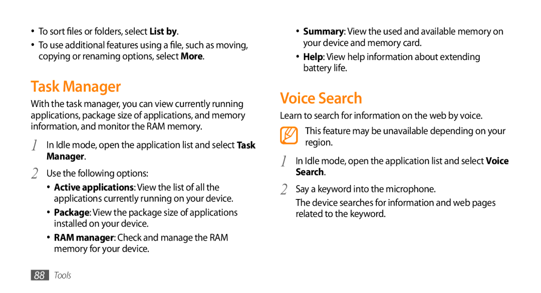 Samsung GT-I5500HKAKSA, GT-I5500YKACOS, GT-I5500CWADBT, GT-I5500CWACOS, GT-I5500YKADBT manual Task Manager, Voice Search 