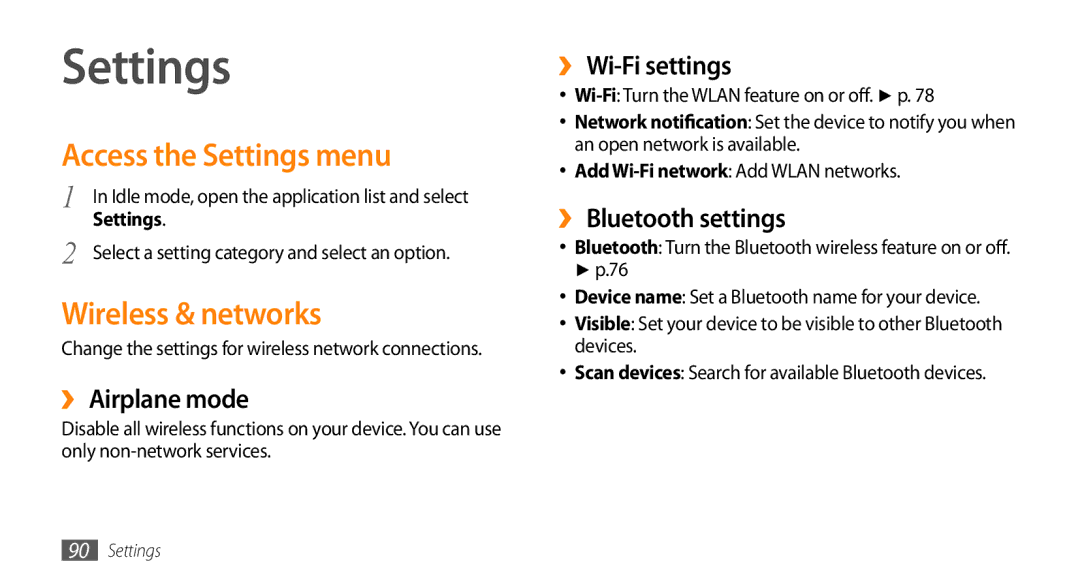 Samsung GT-I5500YKAVVT, GT-I5500YKACOS, GT-I5500CWADBT, GT-I5500CWACOS Access the Settings menu, Wireless & networks 