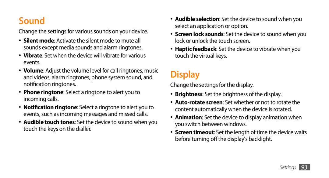 Samsung GT-I5500CWABGL, GT-I5500YKACOS manual Sound, Display, Vibrate Set when the device will vibrate for various events 