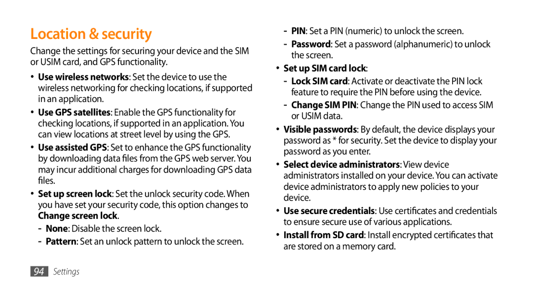 Samsung GT-I5500YKAIRD, GT-I5500YKACOS, GT-I5500CWADBT, GT-I5500CWACOS manual Location & security, Set up SIM card lock 