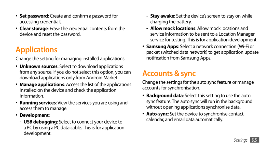 Samsung GT-I5500YKAVDC, GT-I5500YKACOS, GT-I5500CWADBT, GT-I5500CWACOS manual Applications, Accounts & sync, Development 