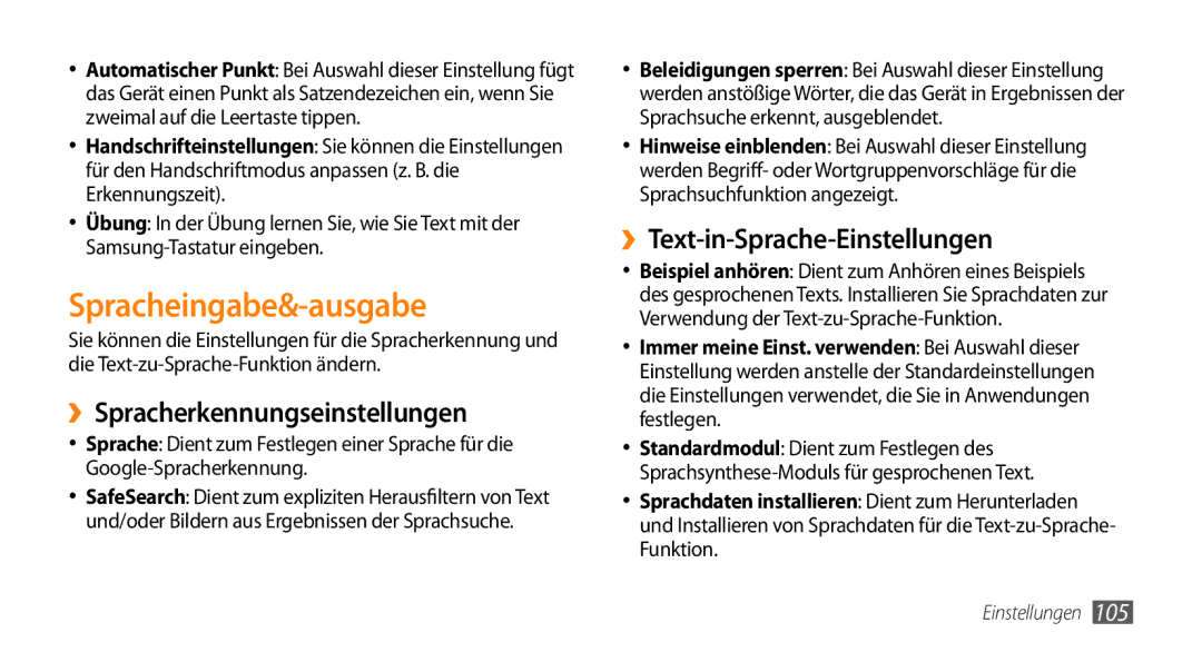 Samsung GT-I5500CWADBT manual Spracheingabe&-ausgabe, ››Spracherkennungseinstellungen, ››Text-in-Sprache-Einstellungen 