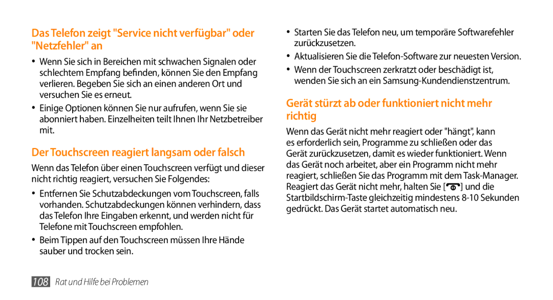 Samsung GT-I5500YKACOS, GT-I5500CWADBT, GT-I5500CWACOS manual Das Telefon zeigt Service nicht verfügbar oder Netzfehler an 