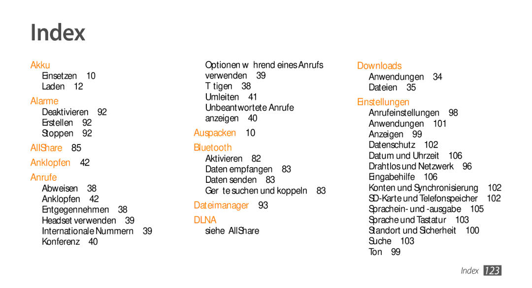 Samsung GT-I5500YKADBT, GT-I5500YKACOS, GT-I5500CWADBT, GT-I5500CWACOS manual Index 