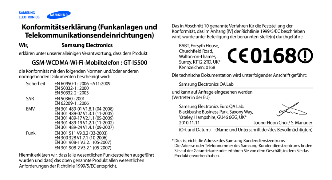 Samsung GT-I5500YKADBT, GT-I5500YKACOS, GT-I5500CWADBT, GT-I5500CWACOS manual GSM-WCDMA-Wi-Fi-Mobiltelefon GT-I5500, Emv 