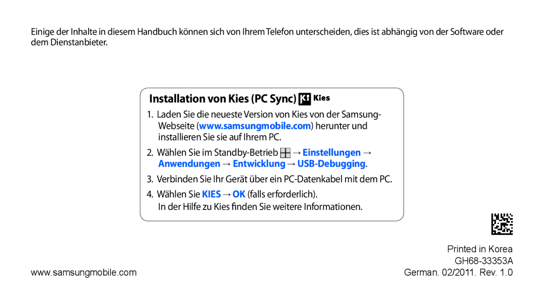 Samsung GT-I5500YKACOS, GT-I5500CWADBT, GT-I5500CWACOS, GT-I5500YKADBT manual Installation von Kies PC Sync 